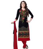 Black Cotton Embroidered Semi Stitched Salwar With Dupatta