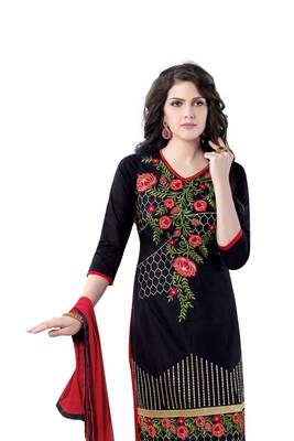 Black Cotton Embroidered Semi Stitched Salwar With Dupatta 3
