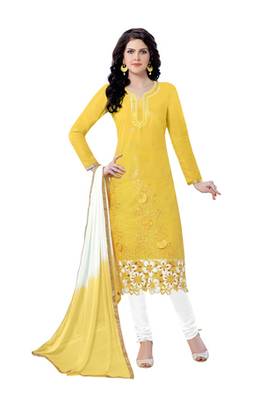 Yellow Cotton Embroidered Semi Stitched Salwar With Dupatta 1