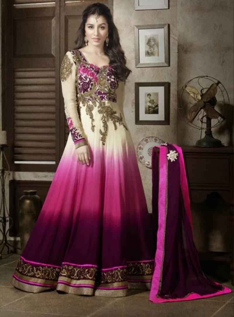 shraddha kapoor purple dress Shraddha Kapoor Shaded Purple Cream Long Anarkali Kameez - Valehri