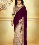 Golden-dark pink purple plain velvet - Brasso saree with blouse