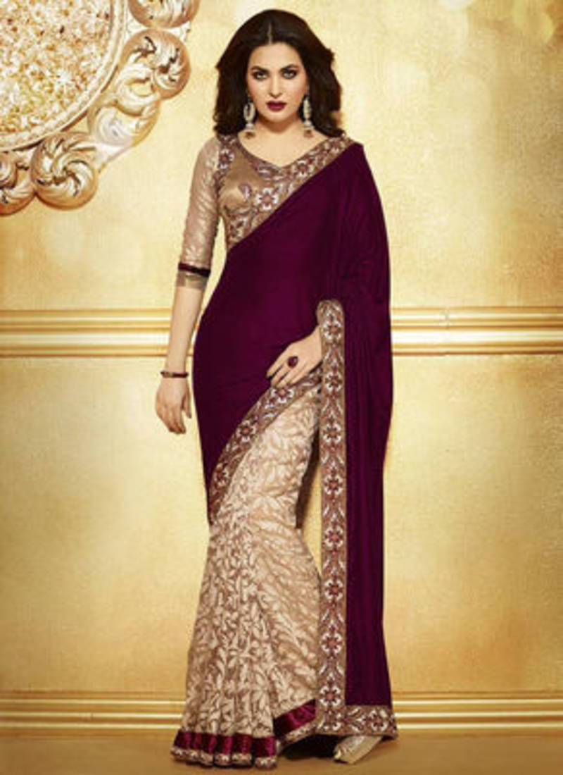 Golden-dark pink purple plain velvet - Brasso saree with blouse