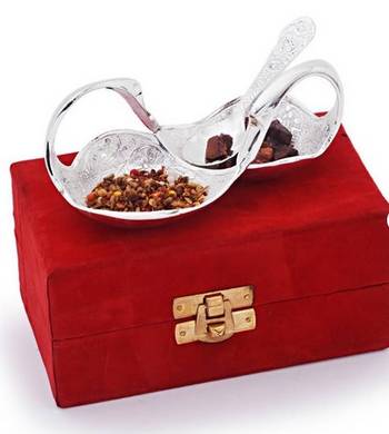 Silver polish double duck shape brass mouth freshener deepawali gift with box n 2 spoons 2