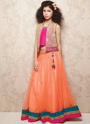 Orange and ranipink kids ethnic embroidery gown 2