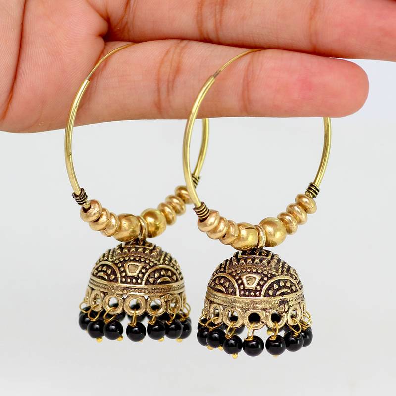 Party Wear Gold Oxidised Black color bead Bali cum Jhumka Earrings for Women