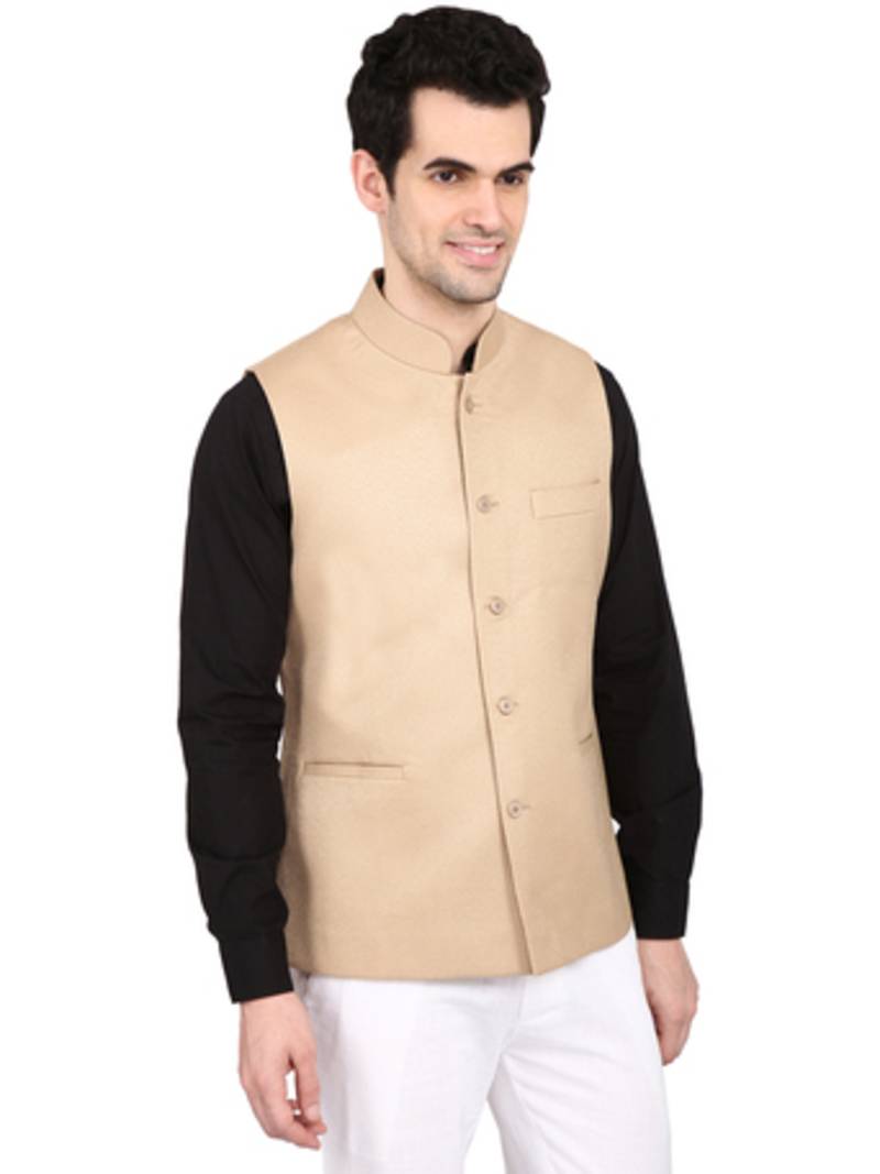 Cream plain blended jute nehru jacket AMORA DESIGNER MENSWEAR 1459655