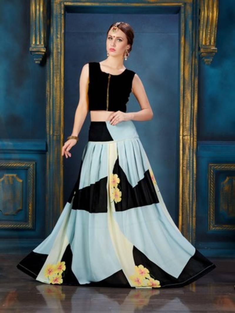 Sky blue and black georgette printed unstitched lehenga choli - MANOHARI