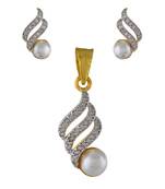 Girlish Pearl American Diamond Pendant With Earrings Gold Plated