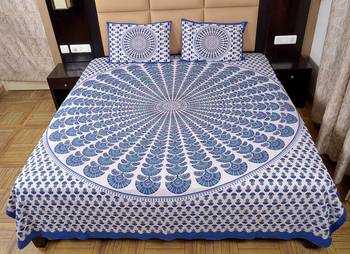 Blue Printed Cotton Bed Sheet With Covers 4