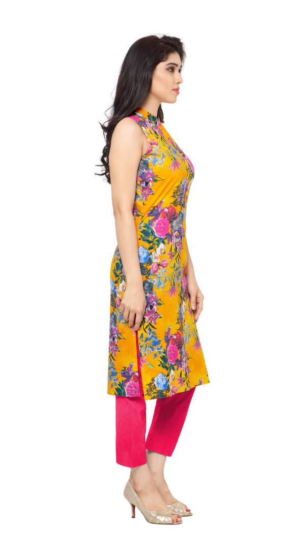 Orange printed faux crepe stitched kurti