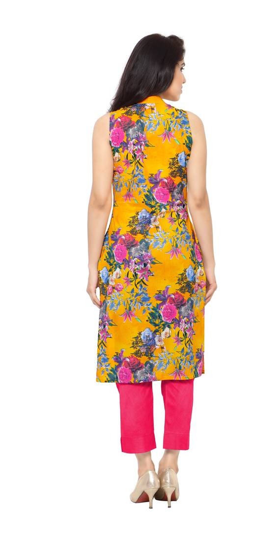 Orange printed faux crepe stitched kurti