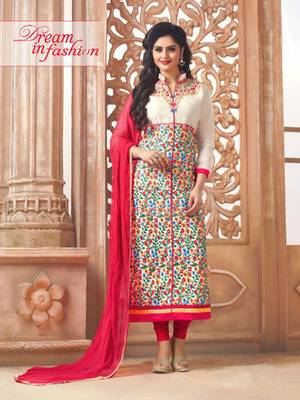 Cream cotton embroidered semi stitched salwar with dupatta 1