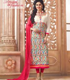 Cream cotton embroidered semi stitched salwar with dupatta