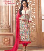 Cream cotton embroidered semi stitched salwar with dupatta