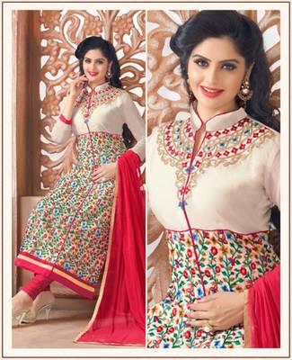 Cream cotton embroidered semi stitched salwar with dupatta 2