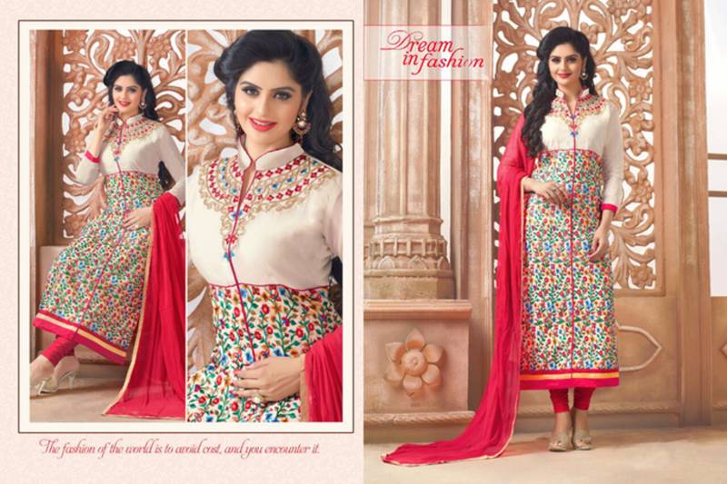 Cream cotton embroidered semi stitched salwar with dupatta