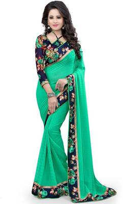 green plain chiffon saree With Blouse 1