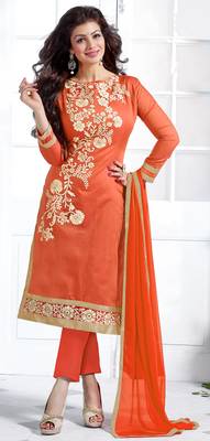 Orange chanderi embroidered unstitched salwar with dupatta 1