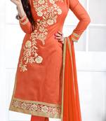 Orange chanderi embroidered unstitched salwar with dupatta