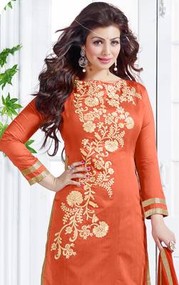 Orange chanderi embroidered unstitched salwar with dupatta 2