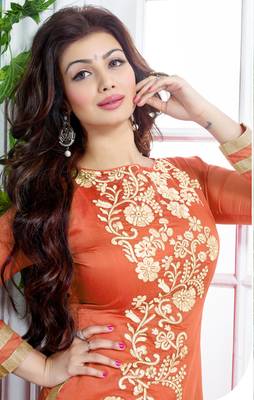 Orange chanderi embroidered unstitched salwar with dupatta 3
