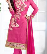 Pink chanderi embroidered unstitched salwar with dupatta