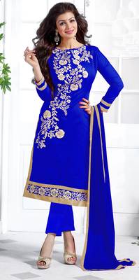 Blue chanderi embroidered unstitched salwar with dupatta 1