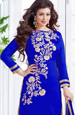 Blue chanderi embroidered unstitched salwar with dupatta 3