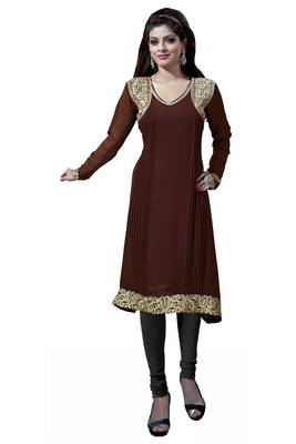 Brown Embroidered Georgette Stitched Kurti 1