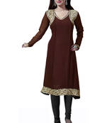 Brown Embroidered Georgette Stitched Kurti