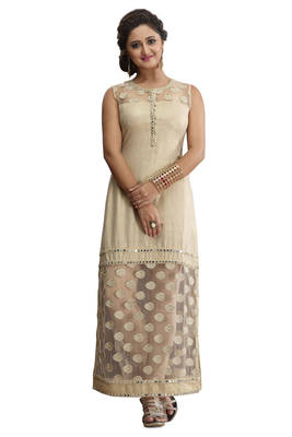 Beige Embroidered Jute Cotton Stitched Kurti 1