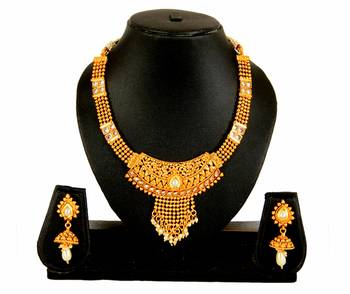 Gold White Pearl Copper Necklace Earring Set For Women 1