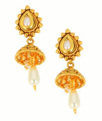 Gold White Pearl Copper Necklace Earring Set For Women 3