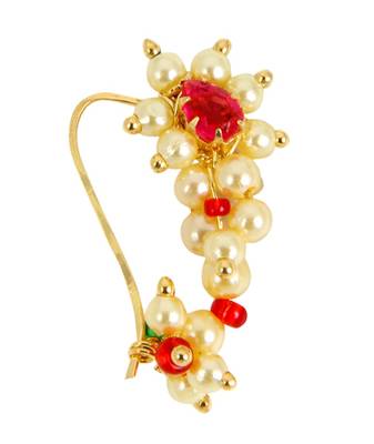 Gold Pink White Combination Maharashtrian Nath Nose Ring For Women 1
