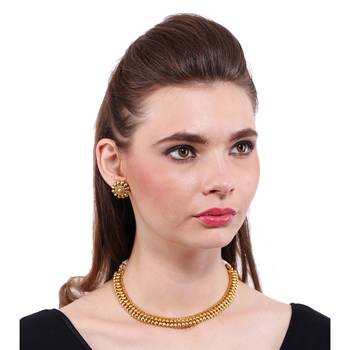 Gold Plated Royal Golden Beads Studded Beautiful Ethnic Necklace Set For Womens 3