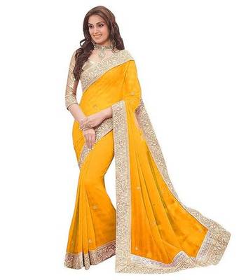 Yellow plain chiffon saree with blouse 1