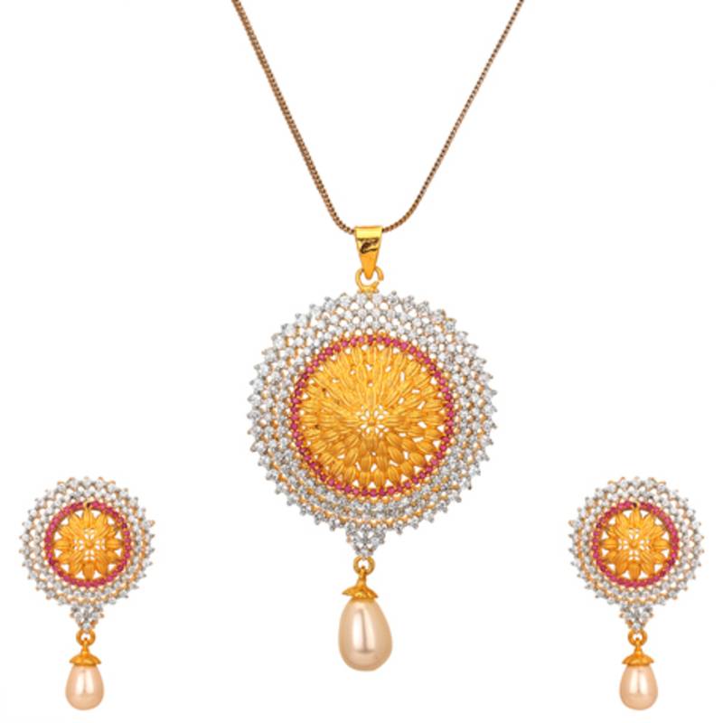 Adwitiya Collection Gold Plated CZ Pearl /& Ruby Golden Beads Pendent Set