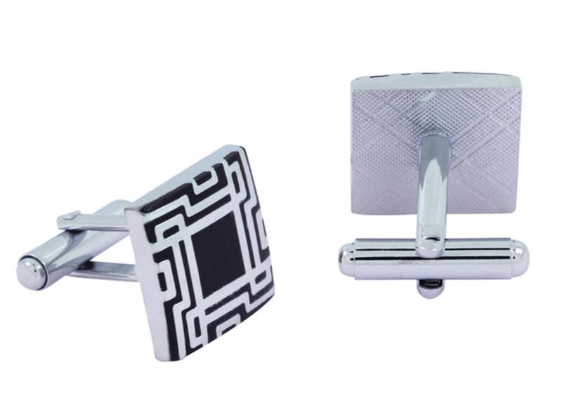 Glossy Rhodium Plated Square Black Cufflink Pair For Men