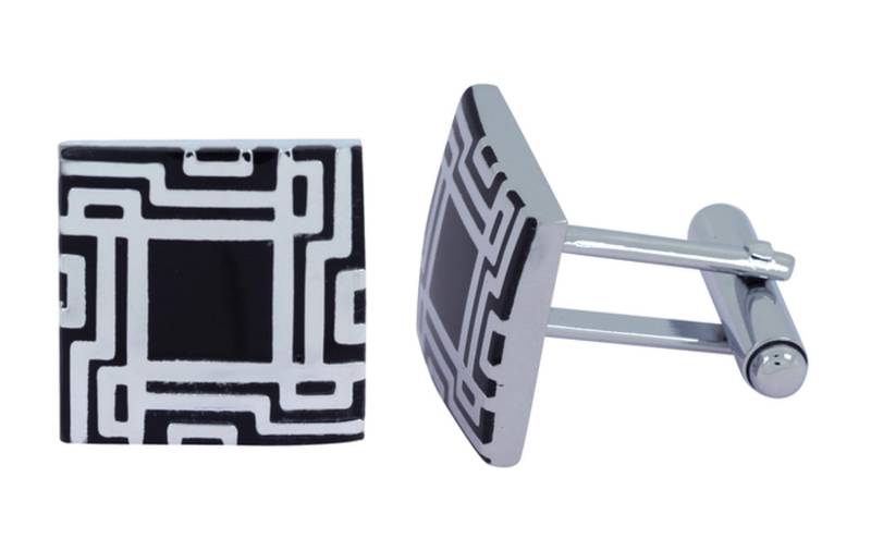 Glossy Rhodium Plated Square Black Cufflink Pair For Men