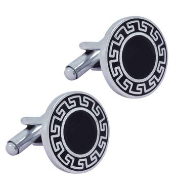 Glossy Rhodium Plated Round Black Cufflink Pair For Men 1