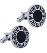 Glossy Rhodium Plated Round Black Cufflink Pair For Men
