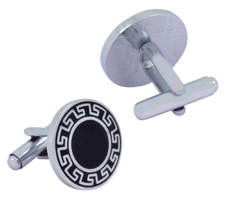Glossy Rhodium Plated Round Black Cufflink Pair For Men