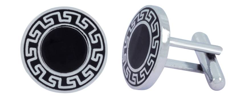 Glossy Rhodium Plated Round Black Cufflink Pair For Men