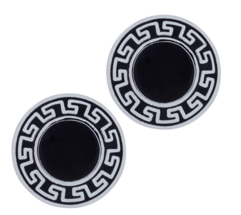 Glossy Rhodium Plated Round Black Cufflink Pair For Men