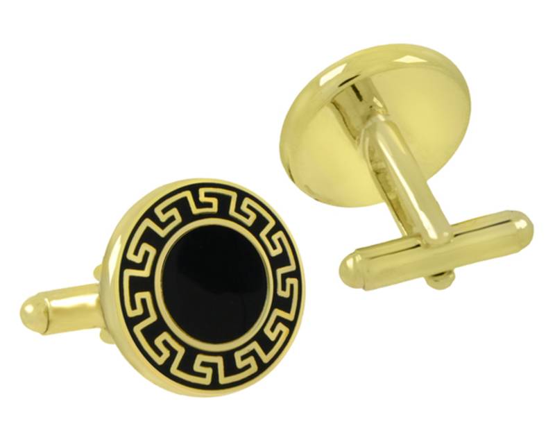 Designer Glossy Gold Plated Round Black Cufflink Pair For Men