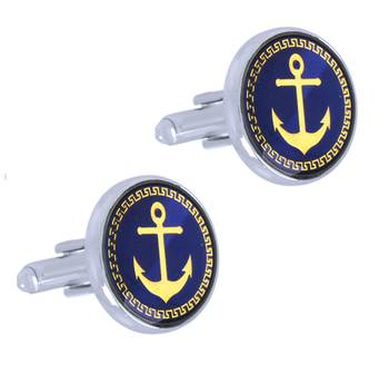 Anchor Glossy Rhodium Plated Round Blue Gold Cufflink Pair For Men 1