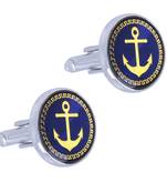 Anchor Glossy Rhodium Plated Round Blue Gold Cufflink Pair For Men
