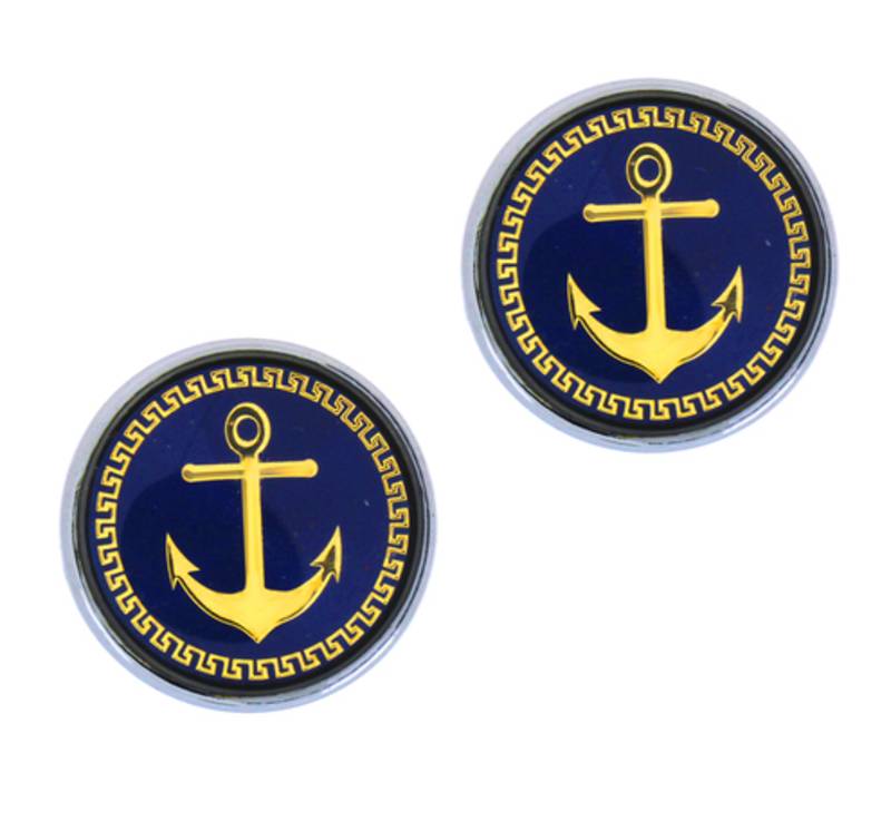Anchor Glossy Rhodium Plated Round Blue Gold Cufflink Pair For Men