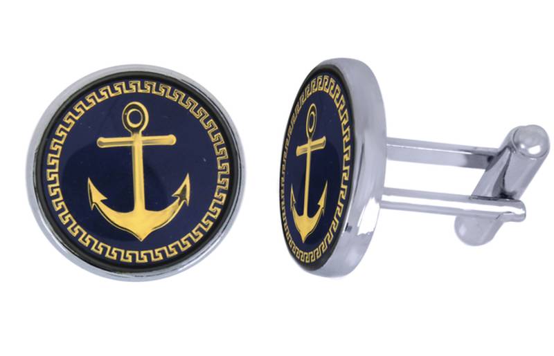 Anchor Glossy Rhodium Plated Round Blue Gold Cufflink Pair For Men