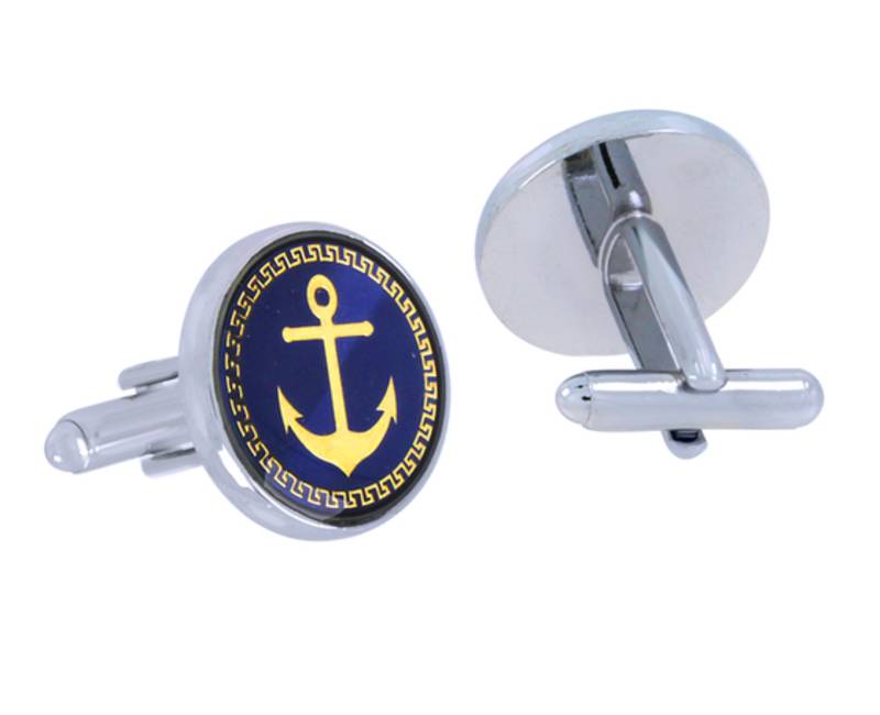 Anchor Glossy Rhodium Plated Round Blue Gold Cufflink Pair For Men